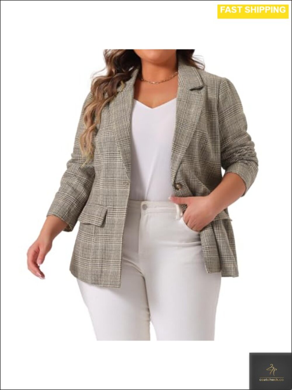 Plus Size Plaid Blazer Notched Lapel Long Sleeve Business Casual
